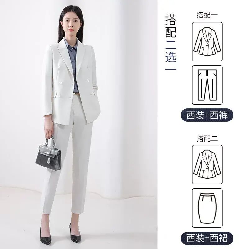 雙排扣西裝女士夏季薄款外套高級感面試時尚職業正裝白色西服套裝