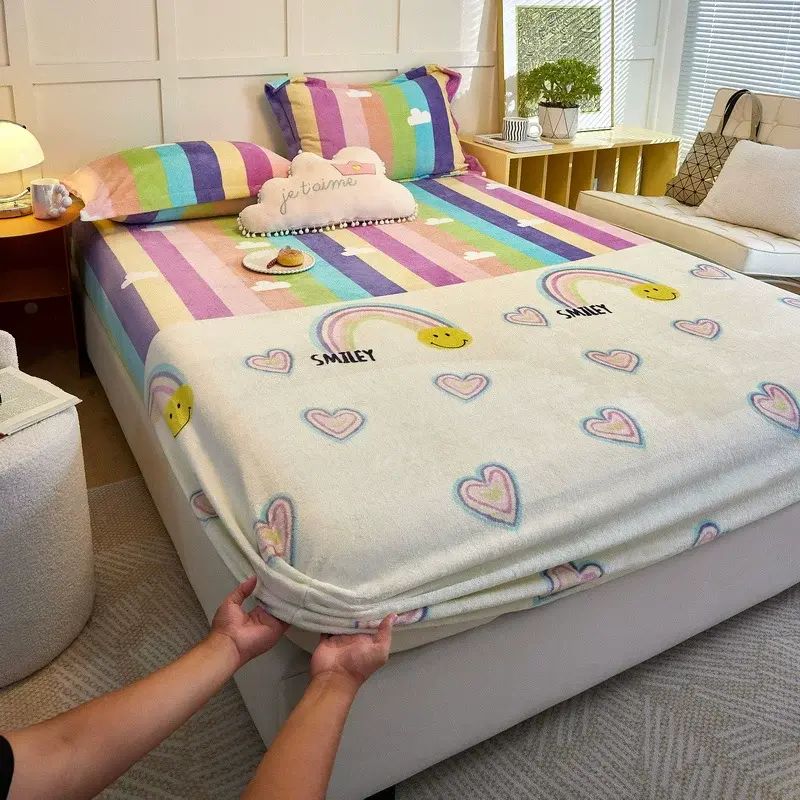 俞兆林牛奶絨床笠 加厚保暖床墊保護套 珊瑚絨床笠 秋冬必備- 牛奶絨床笠-彩虹橋【已質檢✅全包式包裹⚡不易掉毛抗靜電⚡防塵抗菌】 學生床笠單件：120x200cm【適用於5-26cm床墊】（建議拍兩件