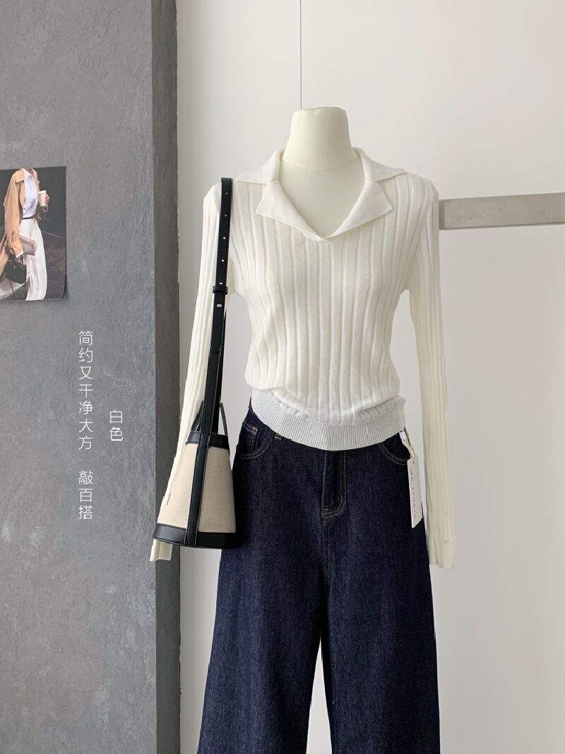 韩系温柔风针织长袖t恤女秋季新款内搭修身显瘦叠穿外搭正肩上衣-白色 均码