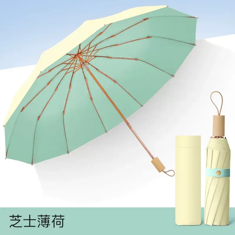 12骨木柄彩膠傘手動摺疊太陽傘全遮光防紫外線晴雨兩用遮陽傘