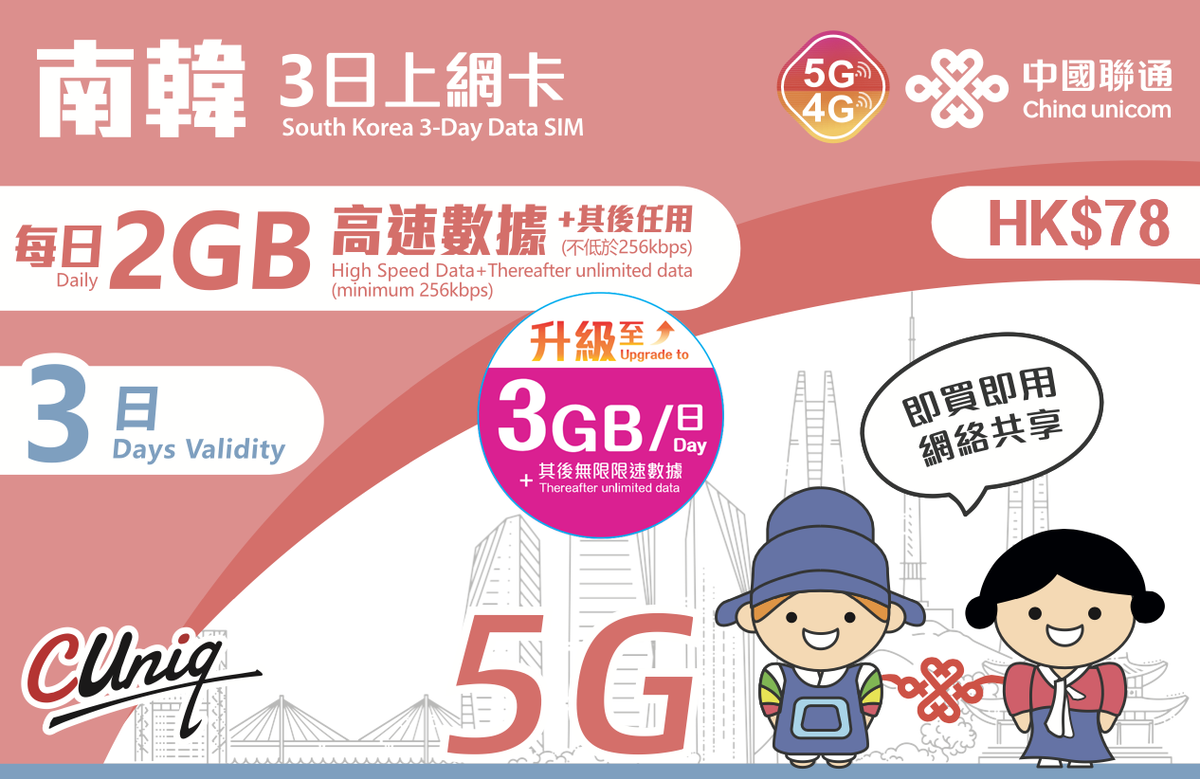 【南韩】3日(每日3GB) 韩国 5G/4G 无限上网卡数据卡电话卡(主圖與聯通通用包裝隨機發貨)
