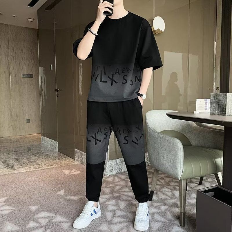 Gradient Suit Men's Fashion: Stylish  Cool  and Street-Ready Summer Outfit—Two-Piece Trend-Black M
