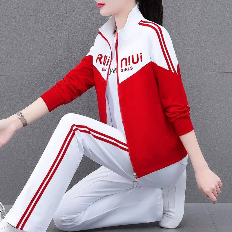 春秋拼色运动服套装女春季年新款立领外套中年妈妈减龄三件套