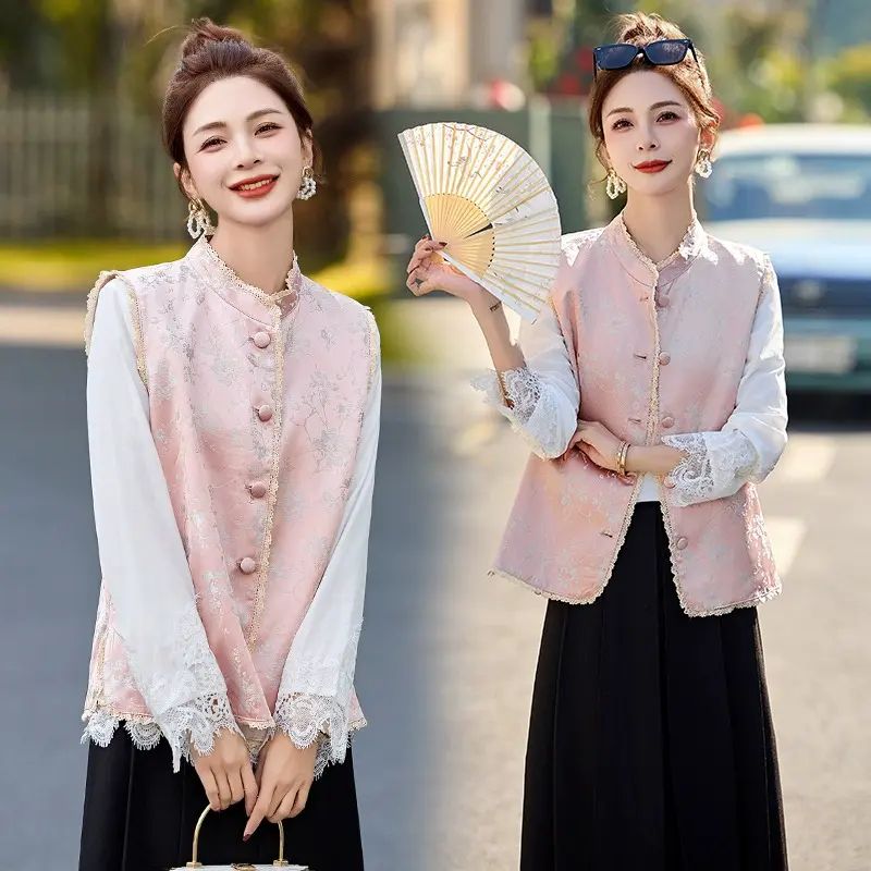 2026春秋季新款女裝蕾絲拼接恤衫+印花背心兩件套馬甲外套YB8850