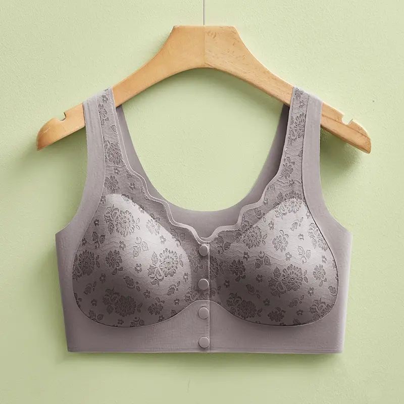 新款无痕内衣女聚拢透气中老年无钢圈文胸前扣带胸垫美背薄款蕾丝