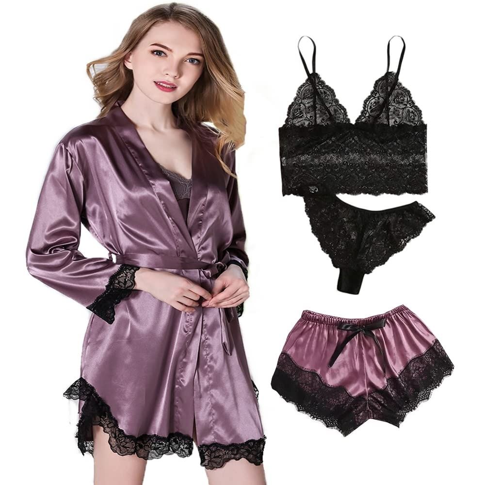 Women's Pajama Set 4 Pieces, Women's Satin Pajamas, Silk Pajamas with Robe