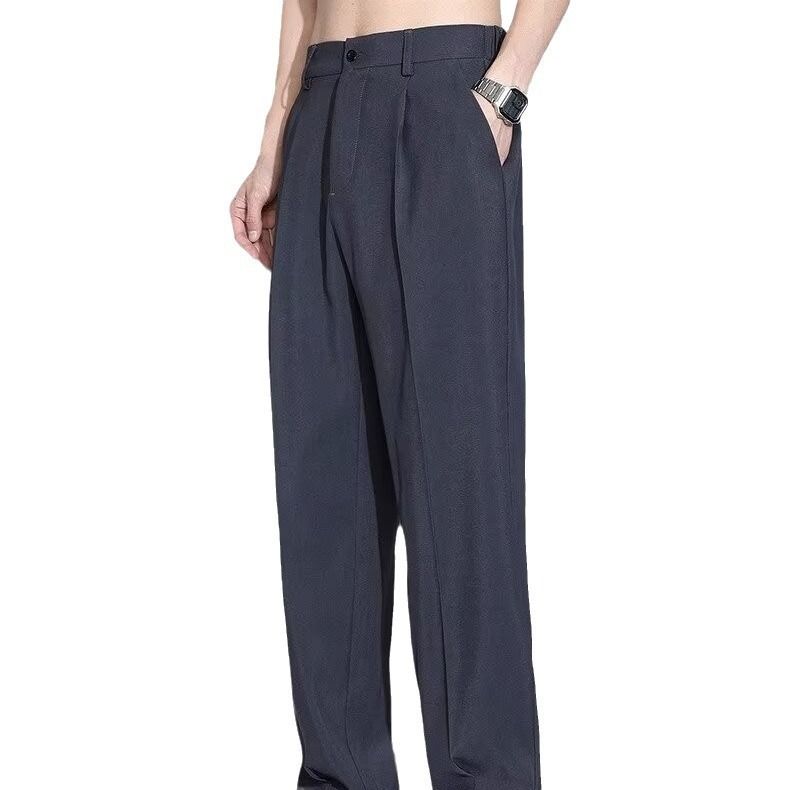 Men's Summer Thin Wide Leg Straight Leg Loose Casual Long Pants with Ice Silk -Dark gray M