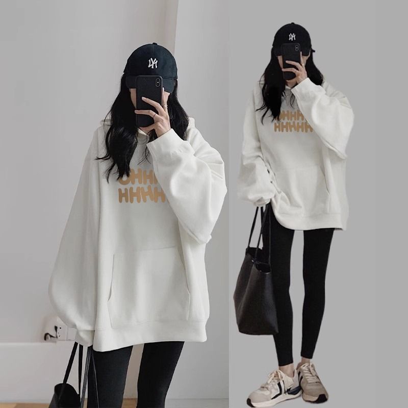 韓國新款仿棉華棉薄款連帽衛衣女秋冬 加絨保暖修身休閒- 白色（薄款） S