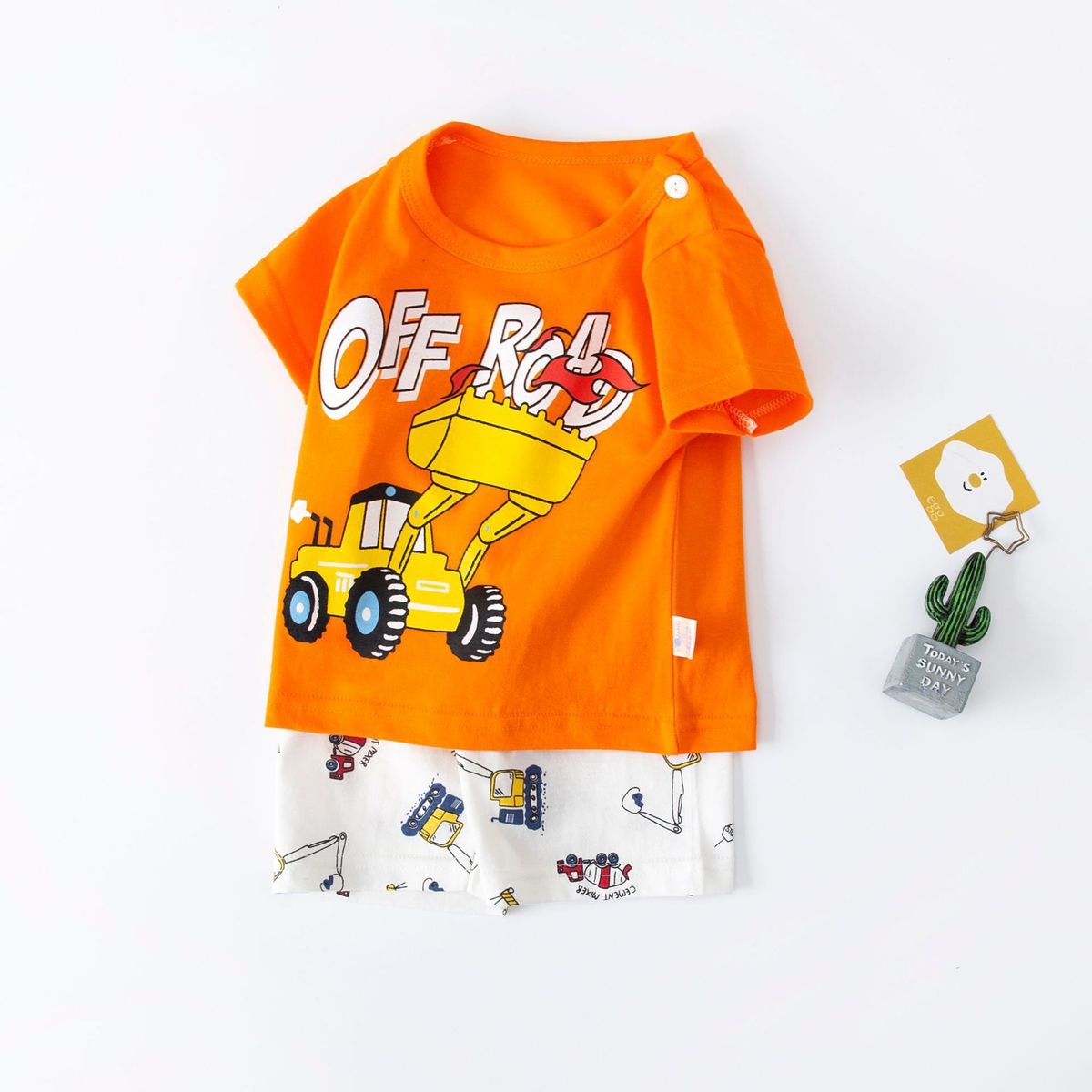 2025儿童短袖套装男童纯棉夏季短裤两件女童T恤服装童装-Z007-橘色挖机 110cm
