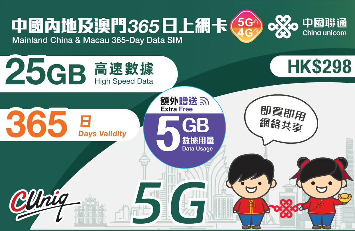 新升級365日30GB【内地·澳门 通用】5G/4G 上网卡数据卡SIM卡（主圖與聯通通用包裝隨機發貨），(最後啟用日期 30/6/2027)