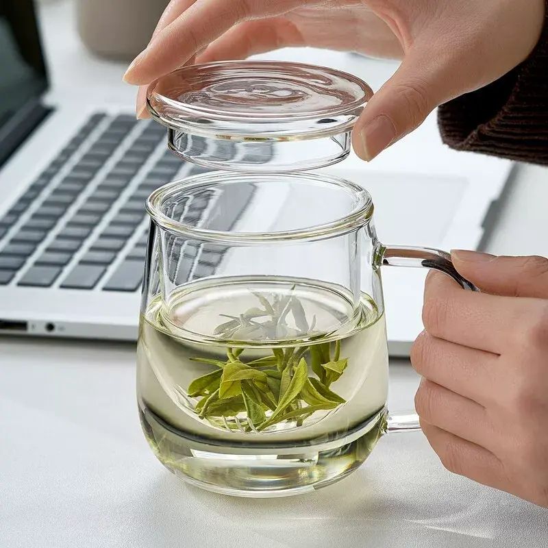 高颜值玻璃杯带盖带把手透明耐高温牛奶杯大容量泡茶君子杯茶杯