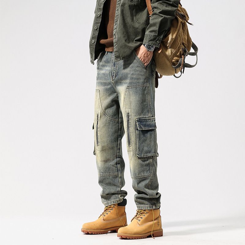 重磅牛仔水洗复古蓝色牛仔裤美式牛仔工装裤锥型裤宽松直筒老爹裤