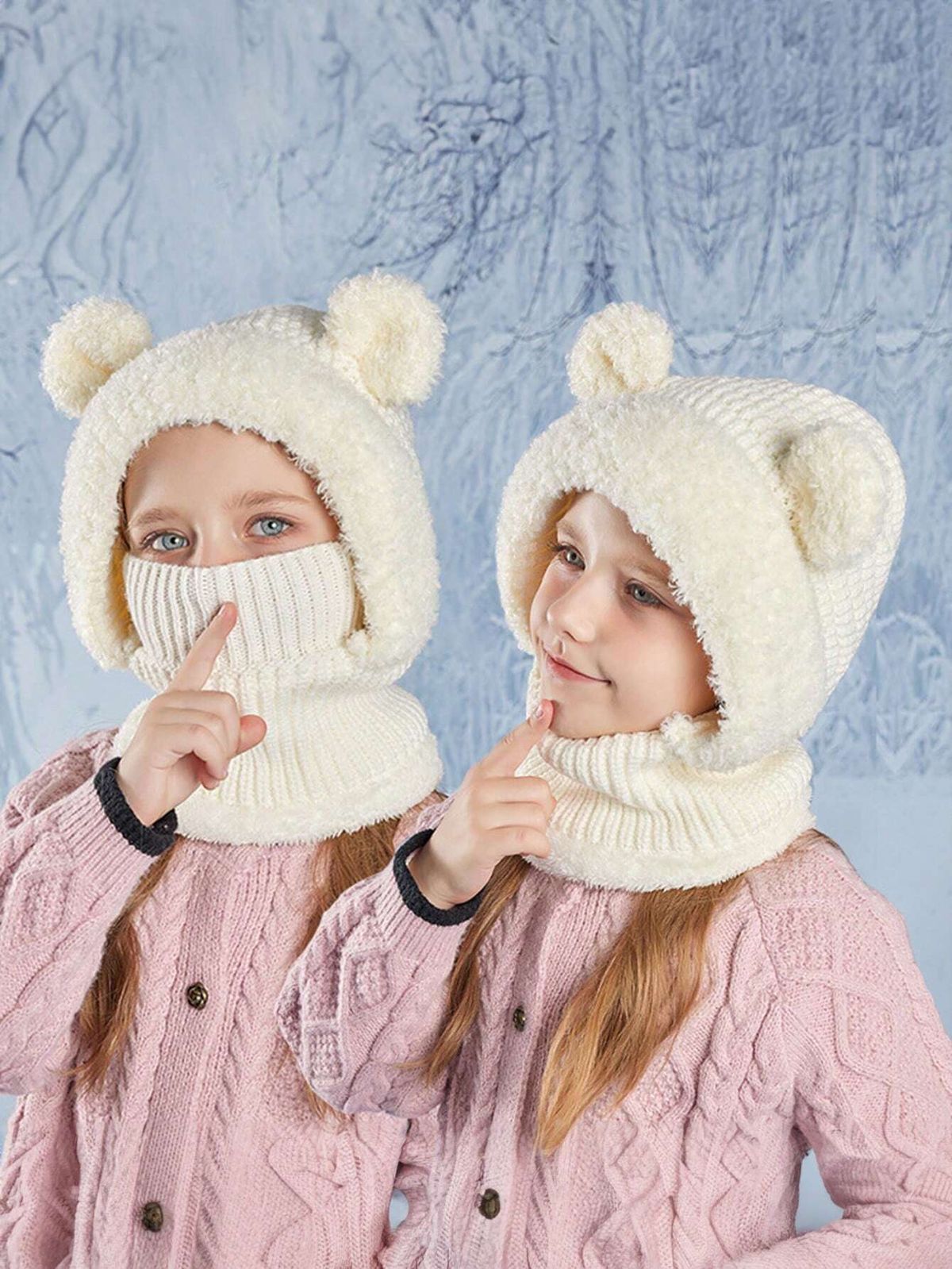 1件 兒童卡通熊面罩圍巾內裡保暖滑雪帽3-10歲【下單後聯絡客服確認尺碼及顏色】