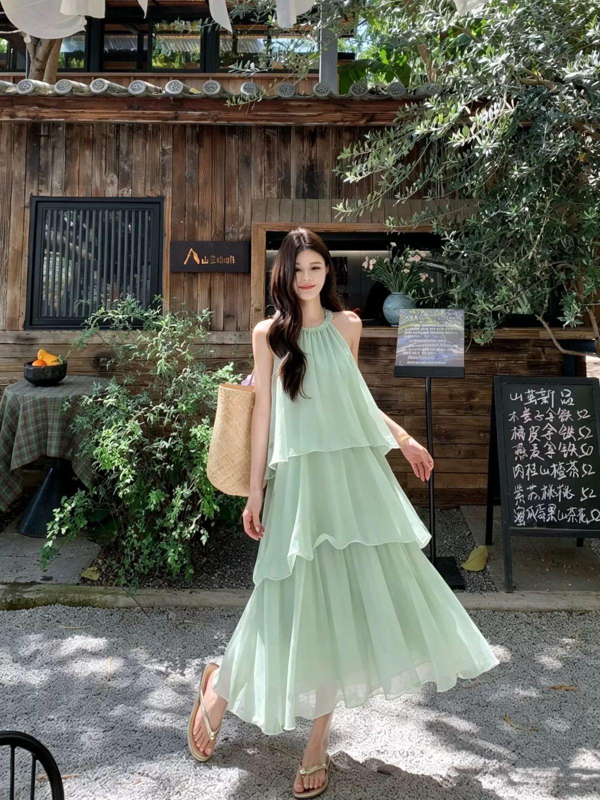 Kumikumi vacation style light green neck dress women s summer French temperament loose slimming  Li