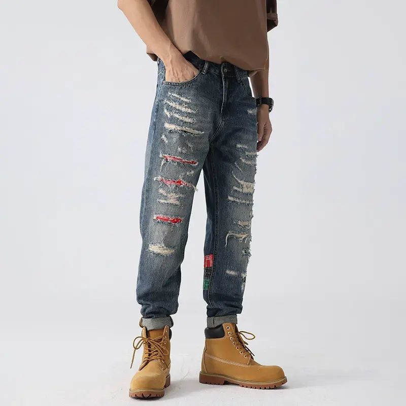 潮牌重磅牛仔褲破洞補丁做舊無彈牛仔高街寬鬆時尚直筒褲