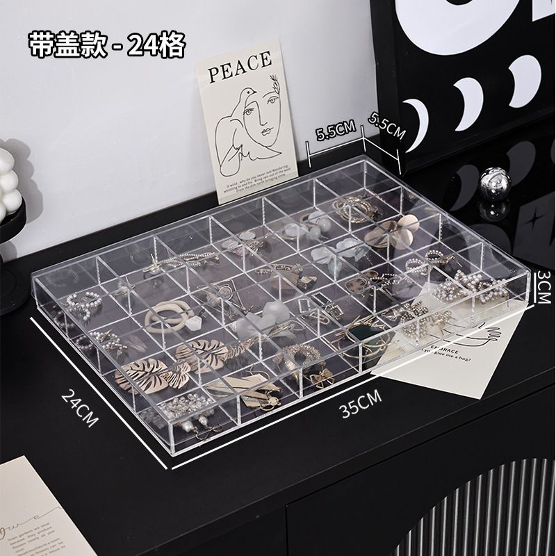 首饰盒 珠宝收纳盒 女士珠宝盒 项链饰品耳钉耳环戒指珠宝箱 首饰收纳盒 多功能饰品收纳盒-透明24格托盘带盖
