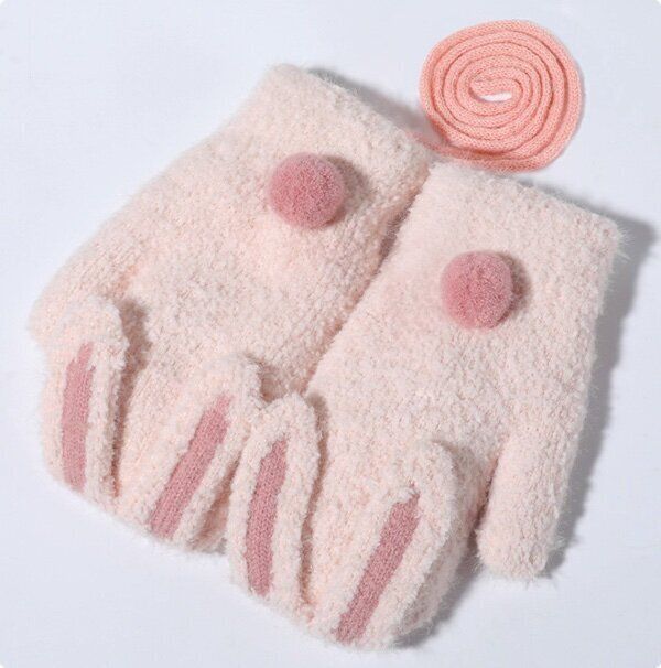 保暖掛繩連指手套(建議年齡：2-6歲  DRST26;小兔子淺粉)
