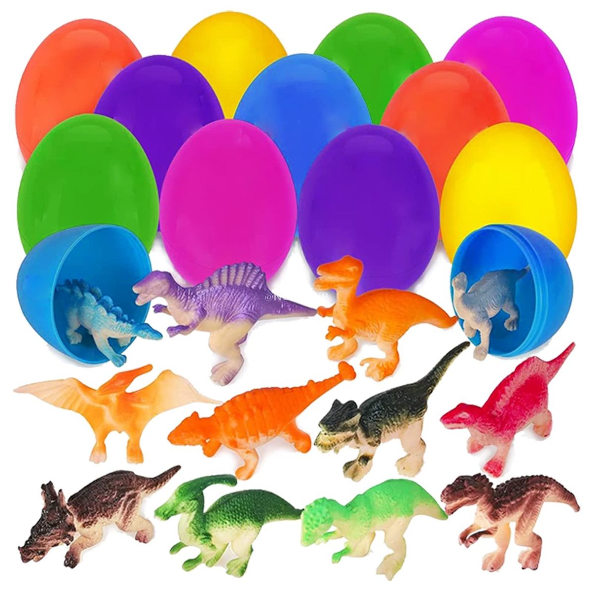 FUNTOCA 12个复活节塑料彩蛋带玩具，恐龙填充复活节彩蛋，教室奖品供应，惊喜玩具蛋