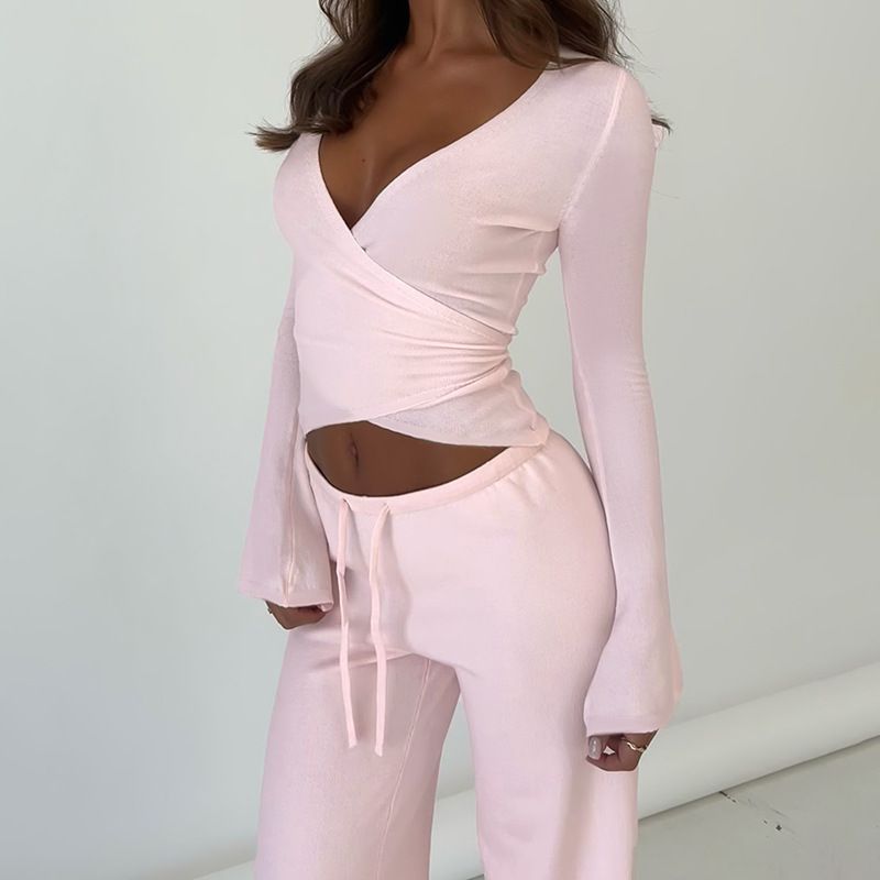 European and American Style 2025 Spring Women's Sexy V-Neck Long-Sleeve Top-Pink T-shirt S