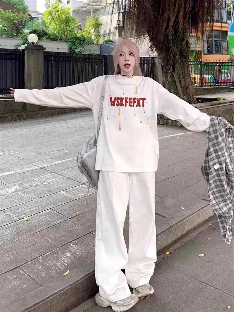 官图 21支纯棉-210克100%棉 秋装长袖T恤女宽松上衣印花-白色 S