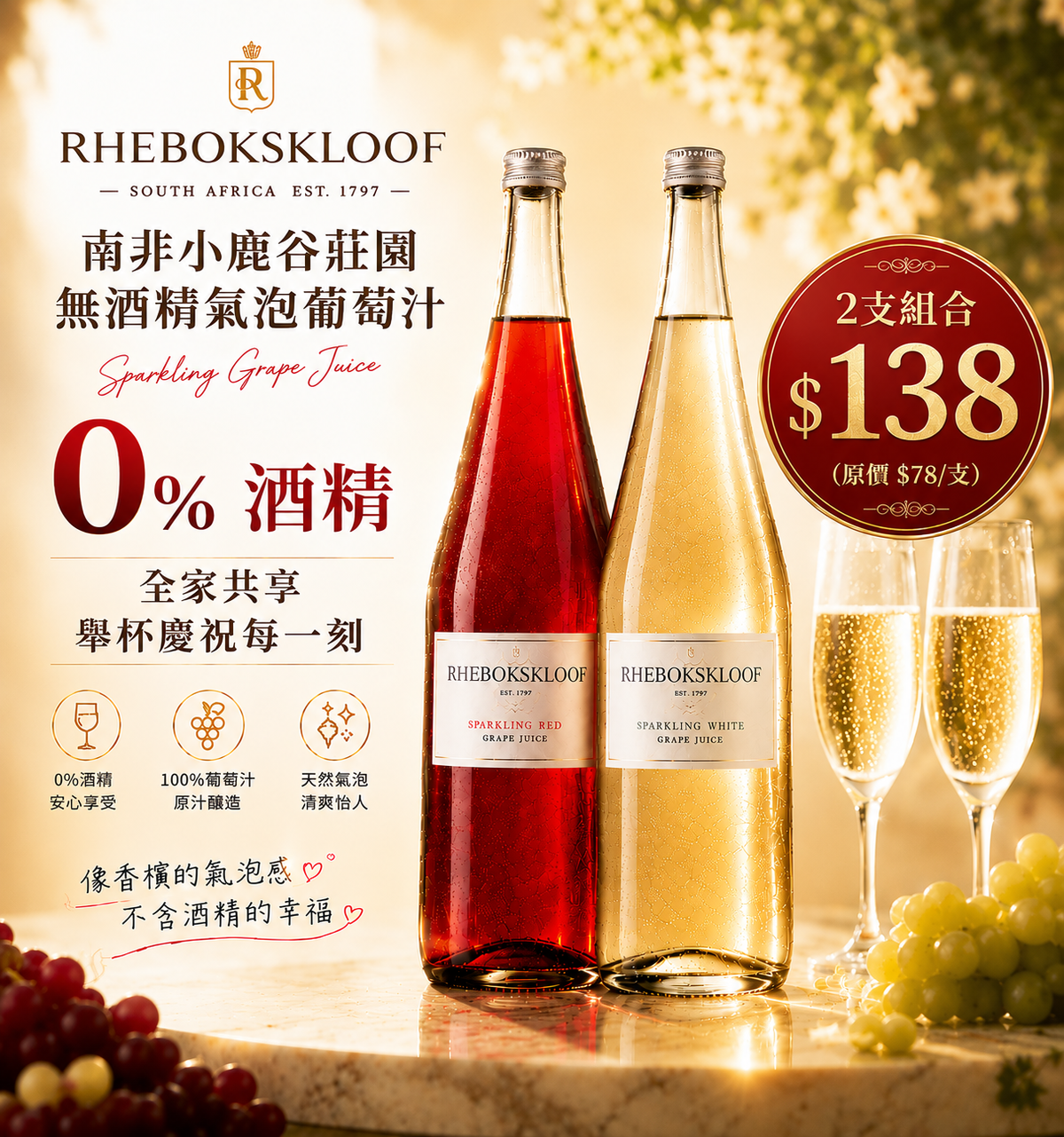 無酒精氣泡飲套裝 - (紅提子汁750ml + 白提子汁750ml) 