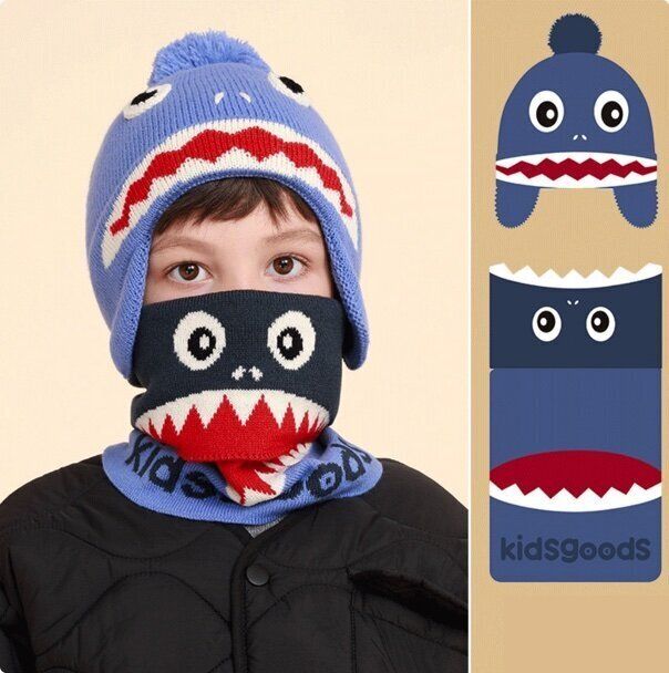 加絨帽子圍巾兩件套(均碼  鯊魚兩件套)