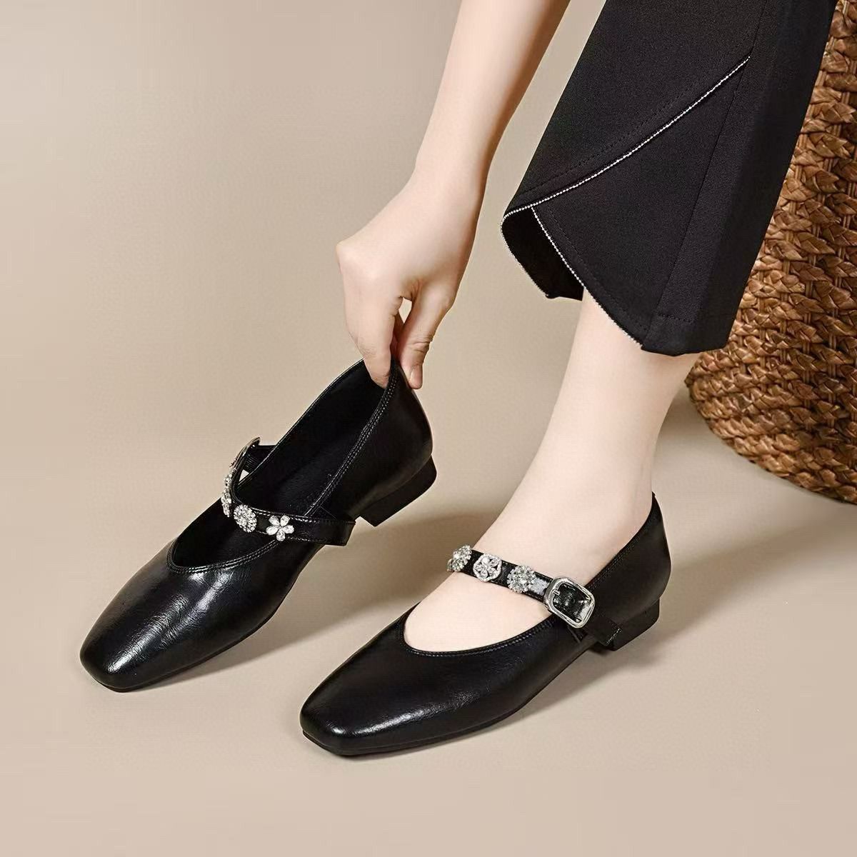 Mary Jane women's spring new simple elegant rhinestone buckle shallow slipper flat