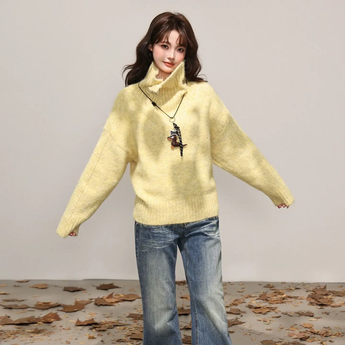 t of autumn and winter suits lazy yellow lapel knitted thick pullover jeans yellow sweater S Style 3