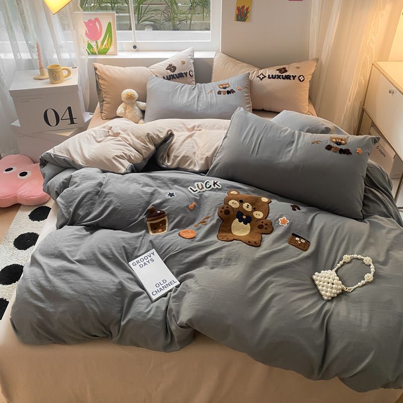 幸運小熊 超柔水洗棉四件套|毛巾繡四件套|純色少女心被套床單|床單款四件套|床笠款四件套|床單/床笠x1、被套x1、枕套x2（LCA467）