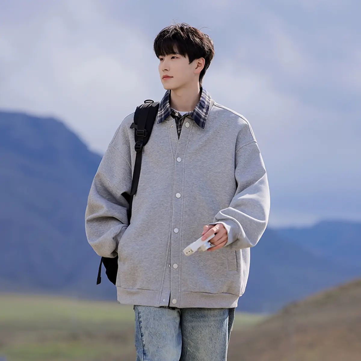 2025新款秋季男士外套开衫尖领针织长袖时尚潮流宽松开衫假两件外套