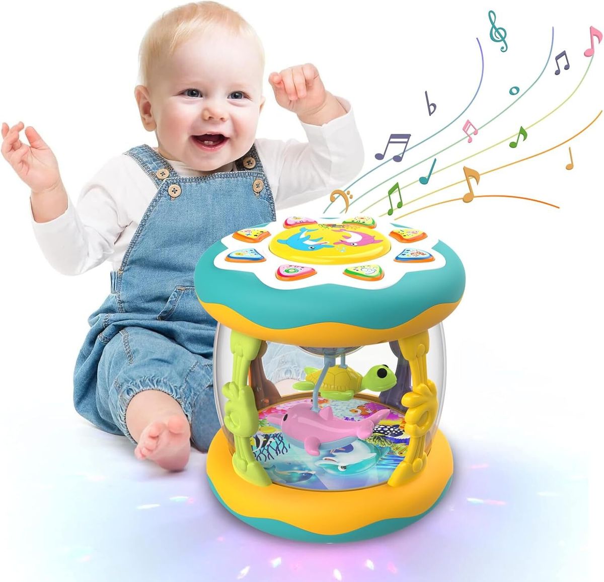 婴儿音乐发光玩具 海洋旋转发光音乐玩具 俯卧训练婴儿玩具 早教玩具拍打鼓生日新生儿礼物 适合1 2 3岁男孩女孩
