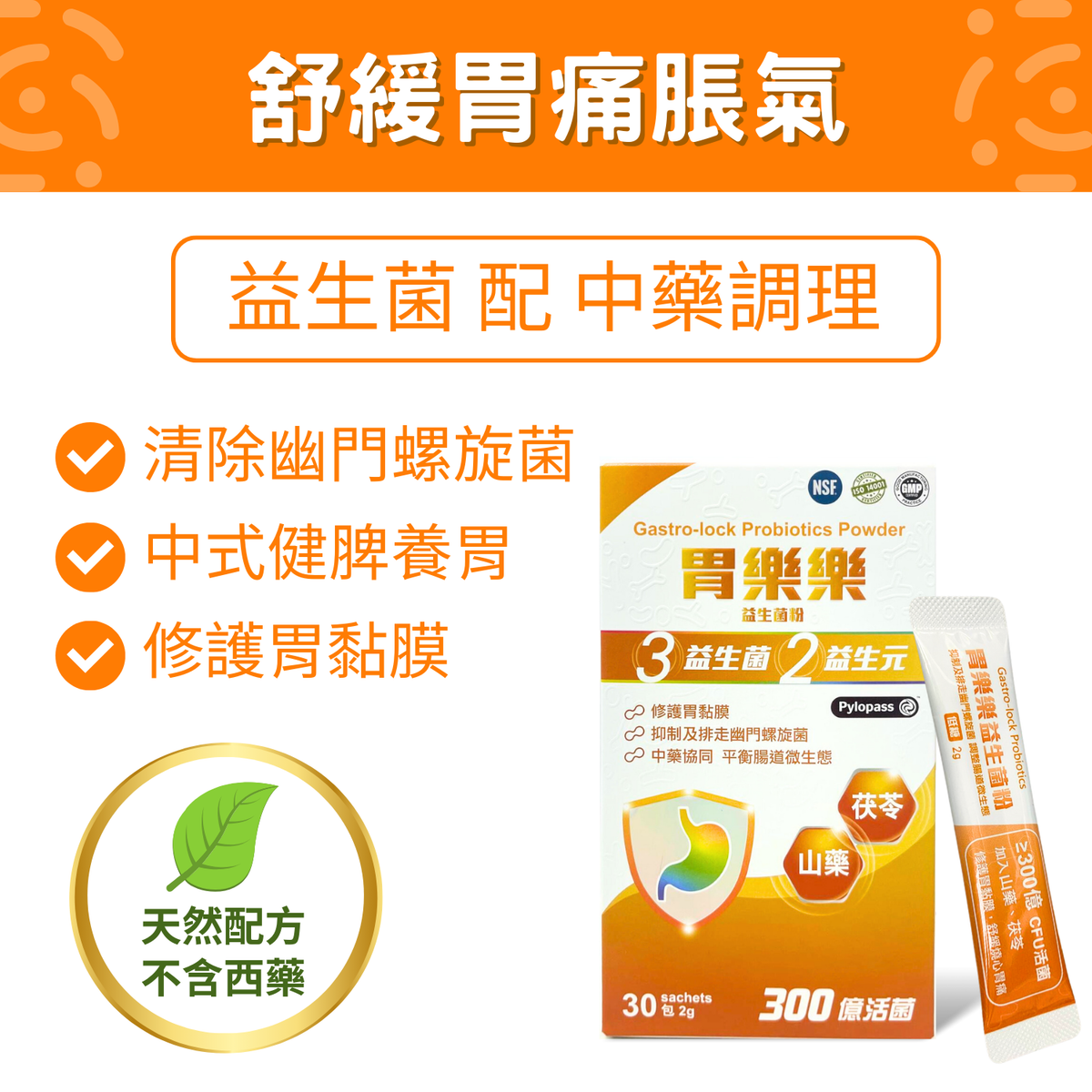 Gastro-lock 胃樂樂 益生菌粉 30包【茯苓|山藥|水溶性纖維| 排走幽門螺旋菌, 修護胃黏膜, 中藥協同, 腸道微生態, 胃痛| 健脾養胃】(exp:01/2028）