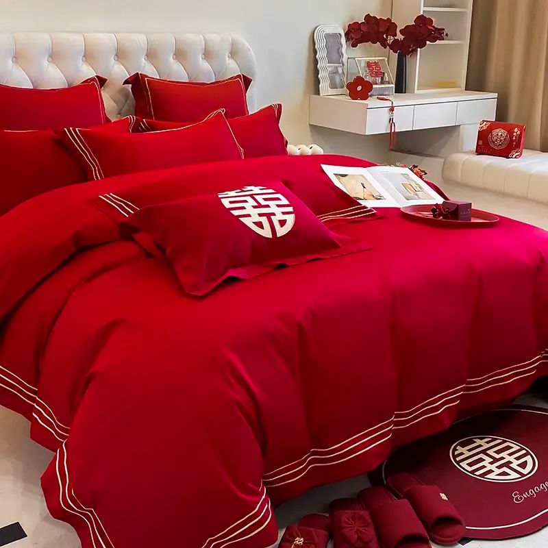 被套單件結婚四件套200*230喜慶紅色雙喜龍鳳刺繡婚慶陪嫁床用品4