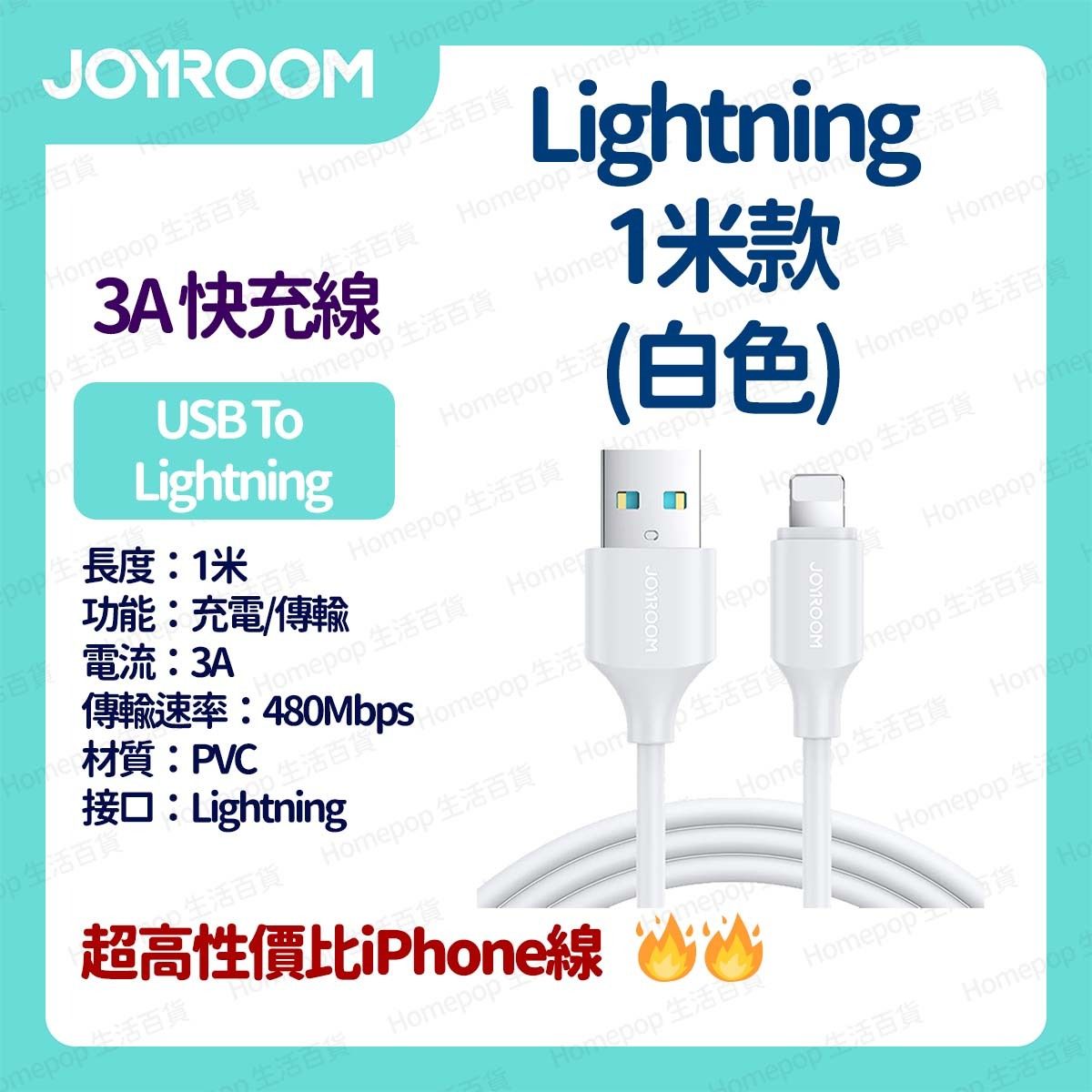 [1米] 快速充電線 數據線 叉電線 (For iPhone iPad) USB to Lightning 線 Lightning 充電線 iPhone充電線 iPhone線 - 白色 i1417WH