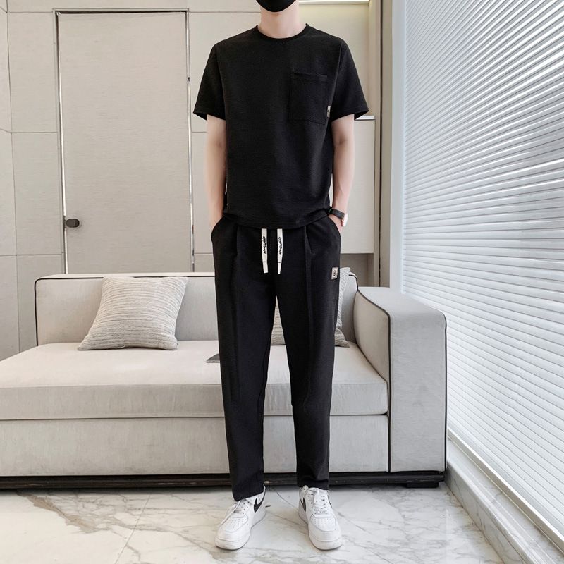 New summer men's casual sports two-piece set ice silk T breathable short sleeve T-shirt trousers