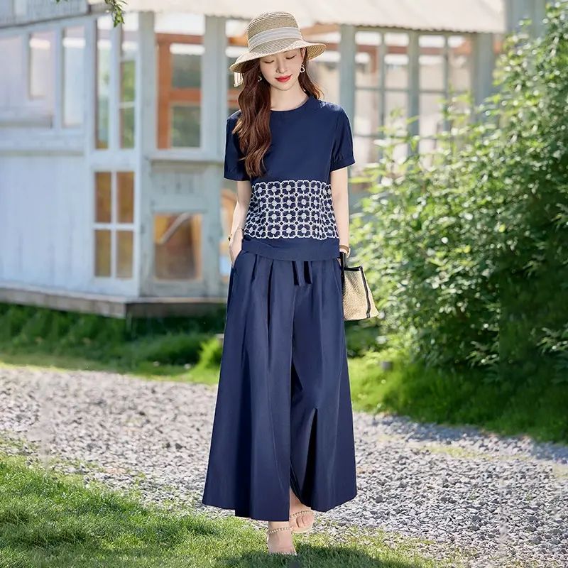 時尚套裝2026夏季短袖重工刺繡立領氣質恤衫女闊腿褲兩件套SY2739
