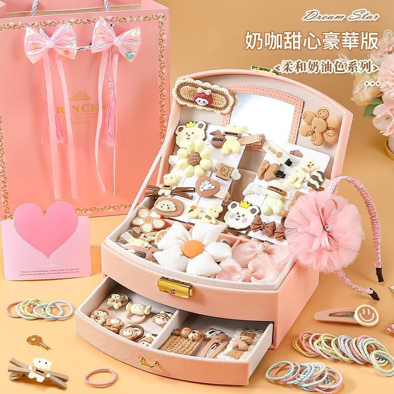 【豪華版137件-奶咖色【2層髮飾盒】送禮袋】兒童髮飾髮夾髮圈首飾 生日禮盒 生日禮物 生日玩具