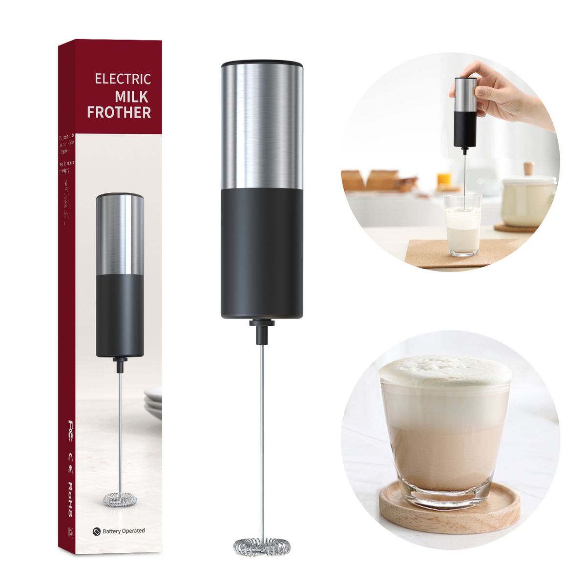 Electric Milk Frother Handheld Drink Mixer Egg Beater, Battery Operated Stainless Steel Whisk & Body