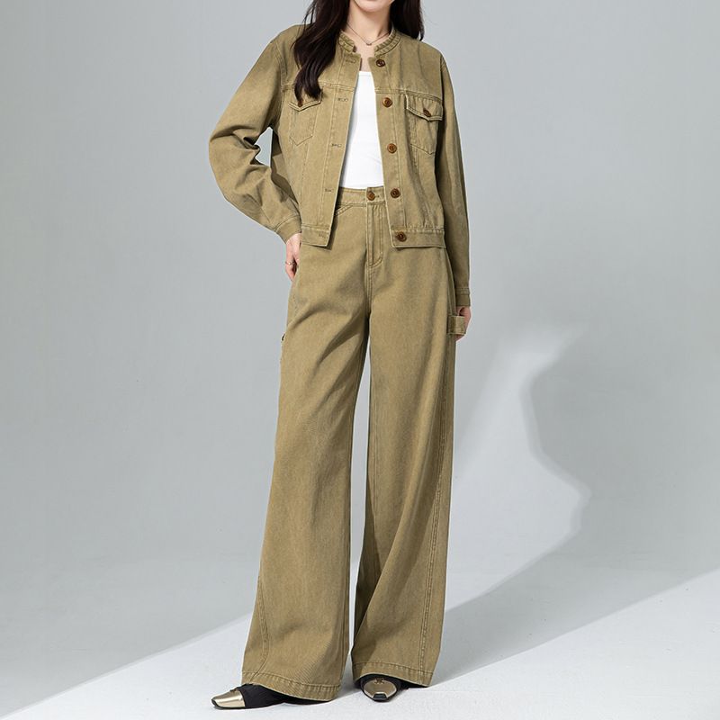 美拉德復古工裝短款外套女休閒時尚闊腿褲2026早春新款套裝