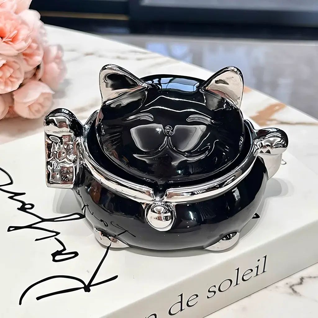 轻奢高级感陶瓷招财猫烟灰缸带盖防灰飞创意客厅家用办公室烟缸