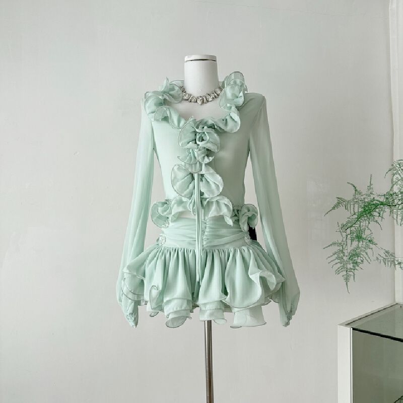 OYFF VV Coming in Mint Manbo Leaf Flower Edge Open Collar Long-Sleeve Shirt Top Wom-Mint Green Set S