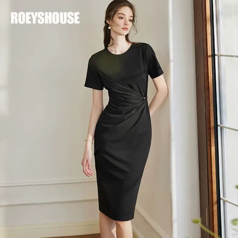 Luo Yi intellectual pleated slim dress summer high end fashion black round neck bag hip mid length 