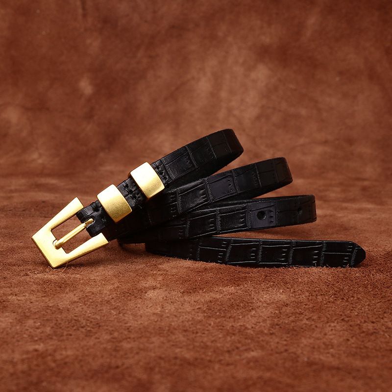 純牛皮細腰帶女士配連衣裙百搭時尚ins風裙帶壓鱷魚紋真皮皮帶