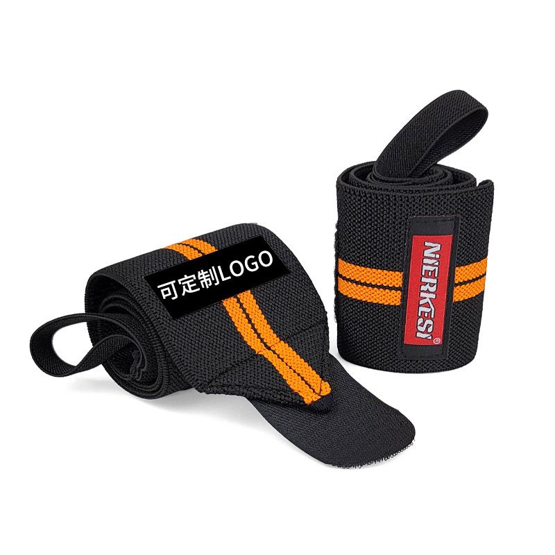 专业运动护腕健身男女举重硬拉助力加压绑带缠绕拇指卧推护腕-黑色两橙色条纹【聚酯纤维】50*8cm 一对装（无LOGO款）