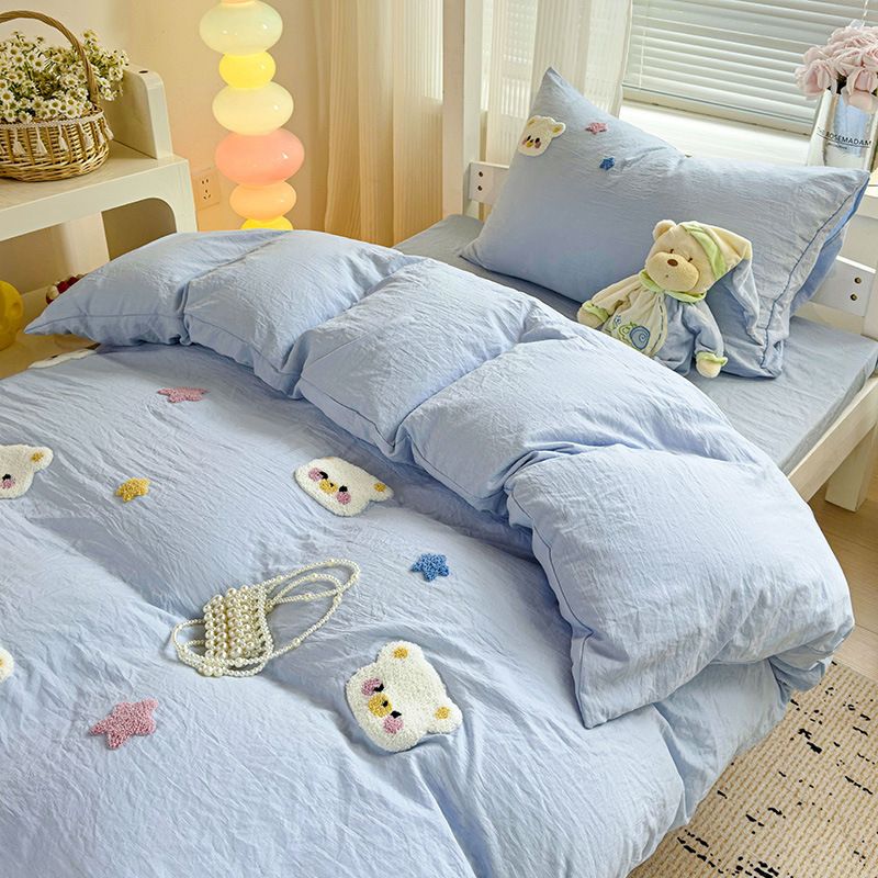 超柔毛巾繡床品套裝|可機洗|水洗棉|幸運熊系列-5尺床|2枕袋+床笠+被袋  淺藍