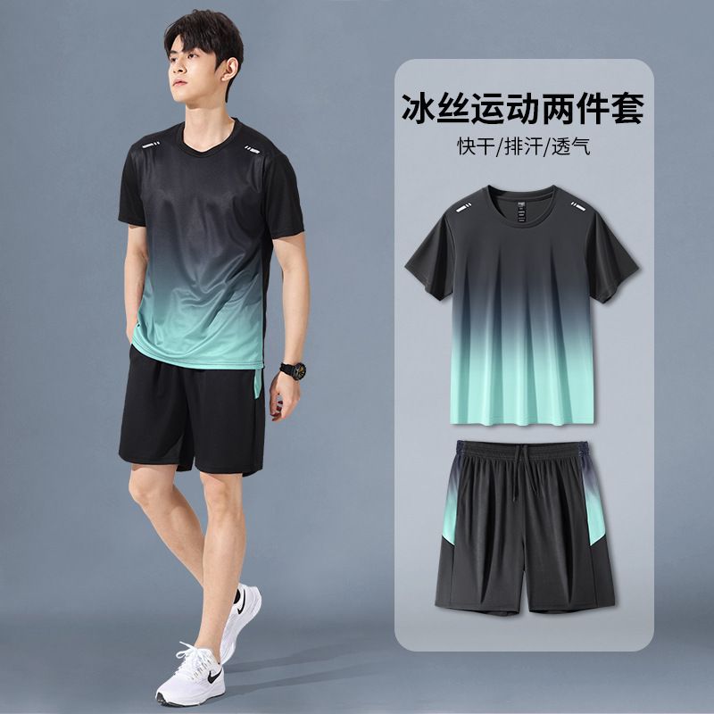 男裝運動套裝速乾透氣 健身跑步籃球羽毛球夏季短袖短褲- （十六嘉）953黑色【套裝】 4XL