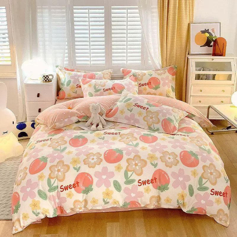 小清新印花四件套加厚磨毛水洗棉被套学生宿舍三件套床单套件