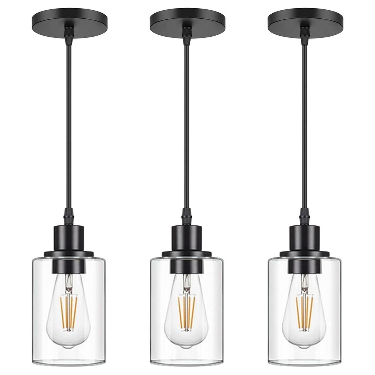 3件工业风吊灯，现代透明玻璃灯罩吊灯照明，黑色吊灯灯具天花板灯，农舍风格厨房岛、走廊、门廊、卧室适用，3包装（不含灯泡）