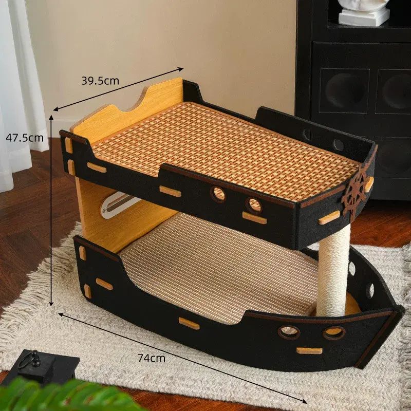 Pirate Ship Double-Layer Cat Tree with Cat Bed, Sisal Scratching Board, Cat Toy for Claw Grinding