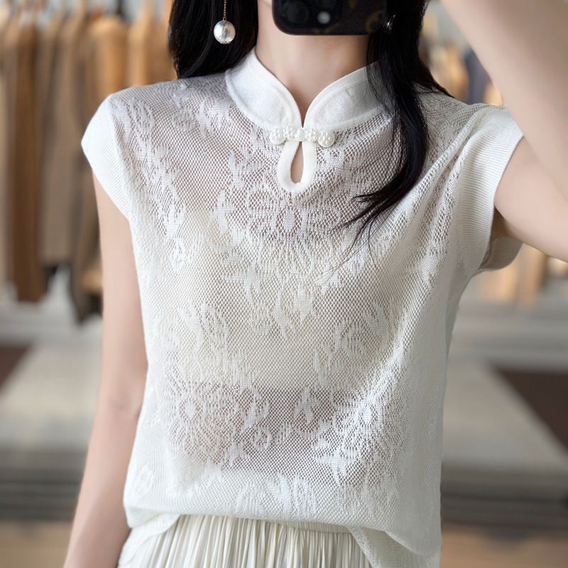 Mulberry silk fine spun wool spring and summer women's short style Chinese cheongsam collar hollow